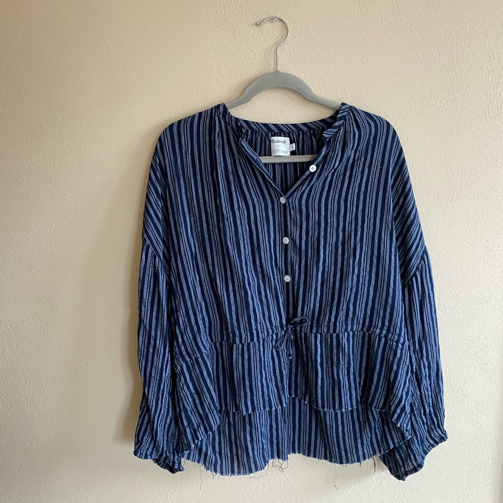 Madewell and Christy Dawn Blue Stripped Bell Sleeve Josephine Peasant Blouse